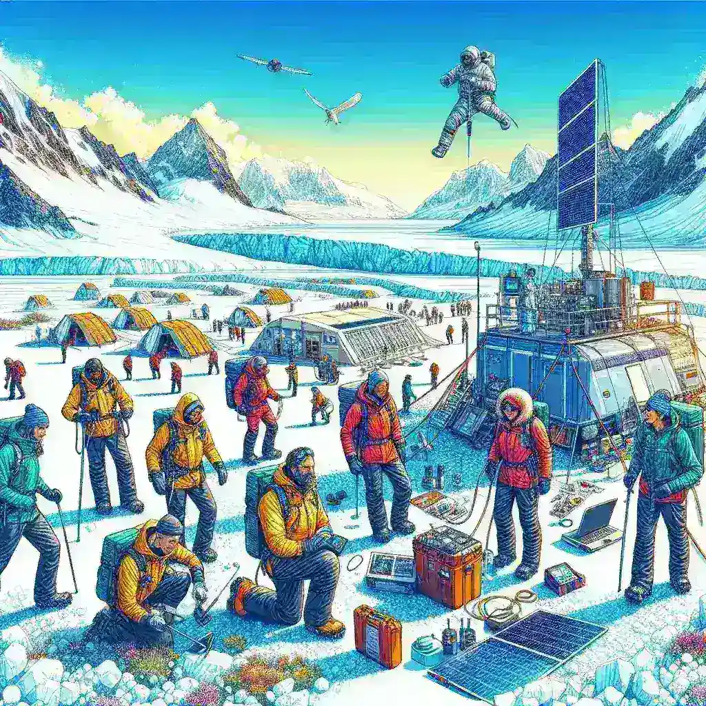"Pesquisadores em ação na Antártica, coletando dados para a missão científica sustentável promovida pelo Olhar Digital, destacando a importância da preservação ambiental e inovação científica no continente gelado."