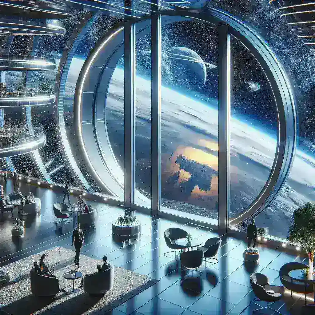 "Blue Origin anuncia plano para turismo espacial em hotéis orbitais com conceito de design futurista e paisagem da Terra ao fundo."